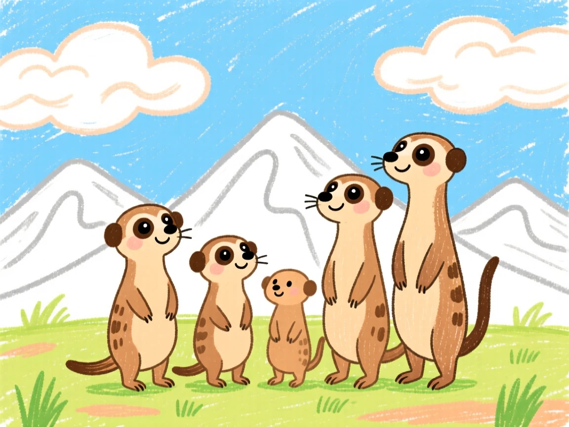 A family of meerkats standing watch as clouds drift over distant mountains.