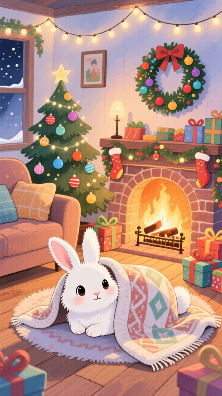 A fluffy white rabbit snuggling under a cozy blanket by a fireplace, set in a snug living room decorated for the holidays, filled with wide-eyed wonder.