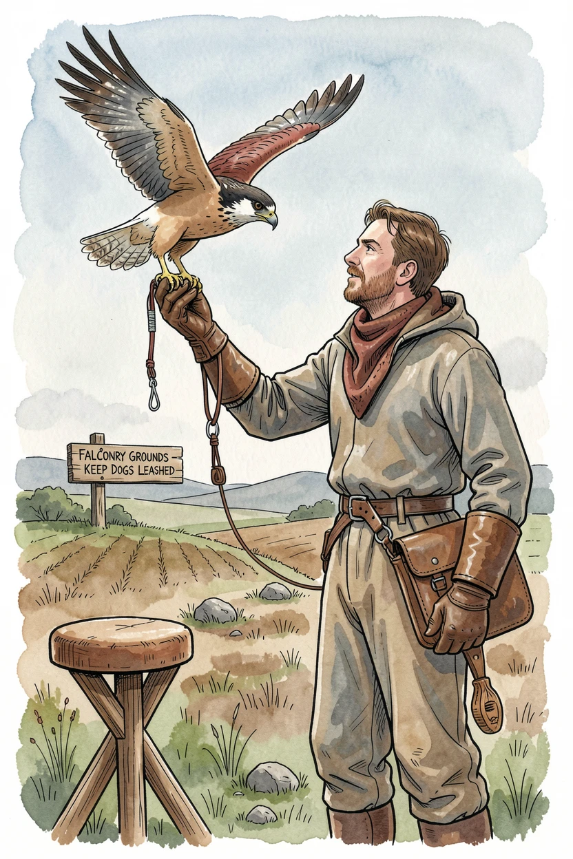 A falconer releasing a hawk into flight over open farmland, the setting filled with the tools and textures of the craft.