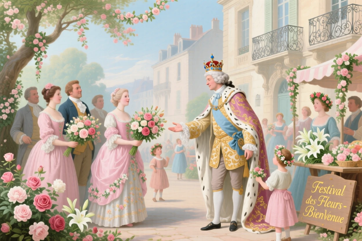 A king greeting villagers during a flower festival  