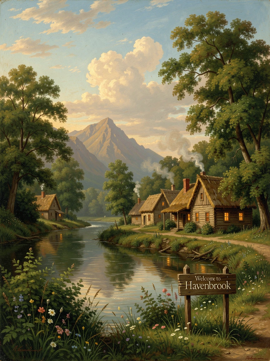 A river winds past a small village with smoke rising from chimneys.