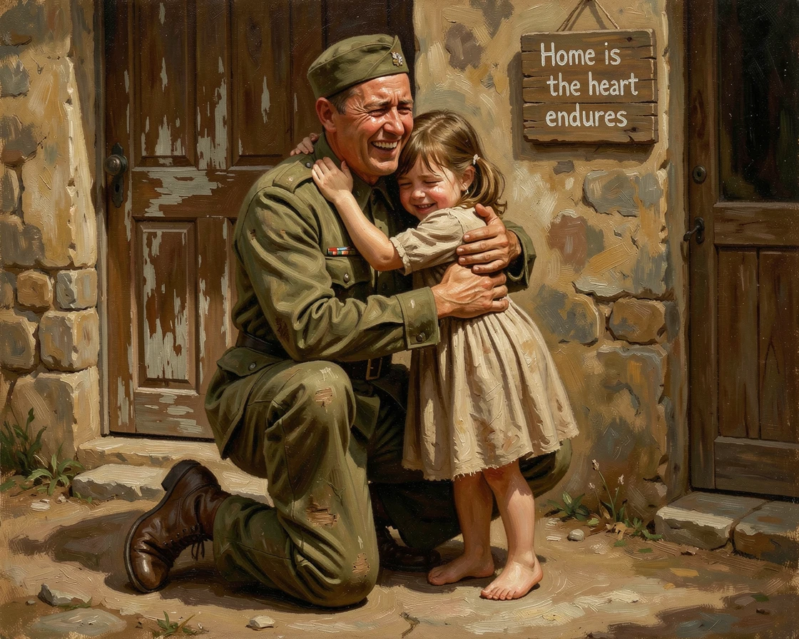 A soldier kneeling to hug his daughter for the first time in over a year, with tears, laughter, or relief visible in vivid detail, celebrating courage, perseverance, and the strength of the human spirit