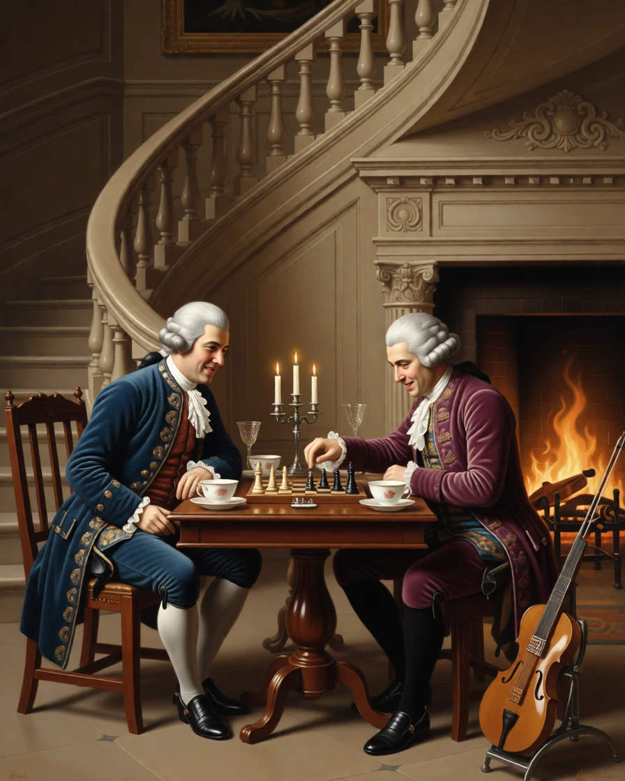 Noblemen playing chess beside a roaring fireplace as laughter and music fill the air, set on the sweeping staircase of a grand estate, with fine china, crystal goblets, and candelabras adorning the table; rich architectural framing lends grandeur without crowding the figures, radiating celebration, elegance, and social grace.