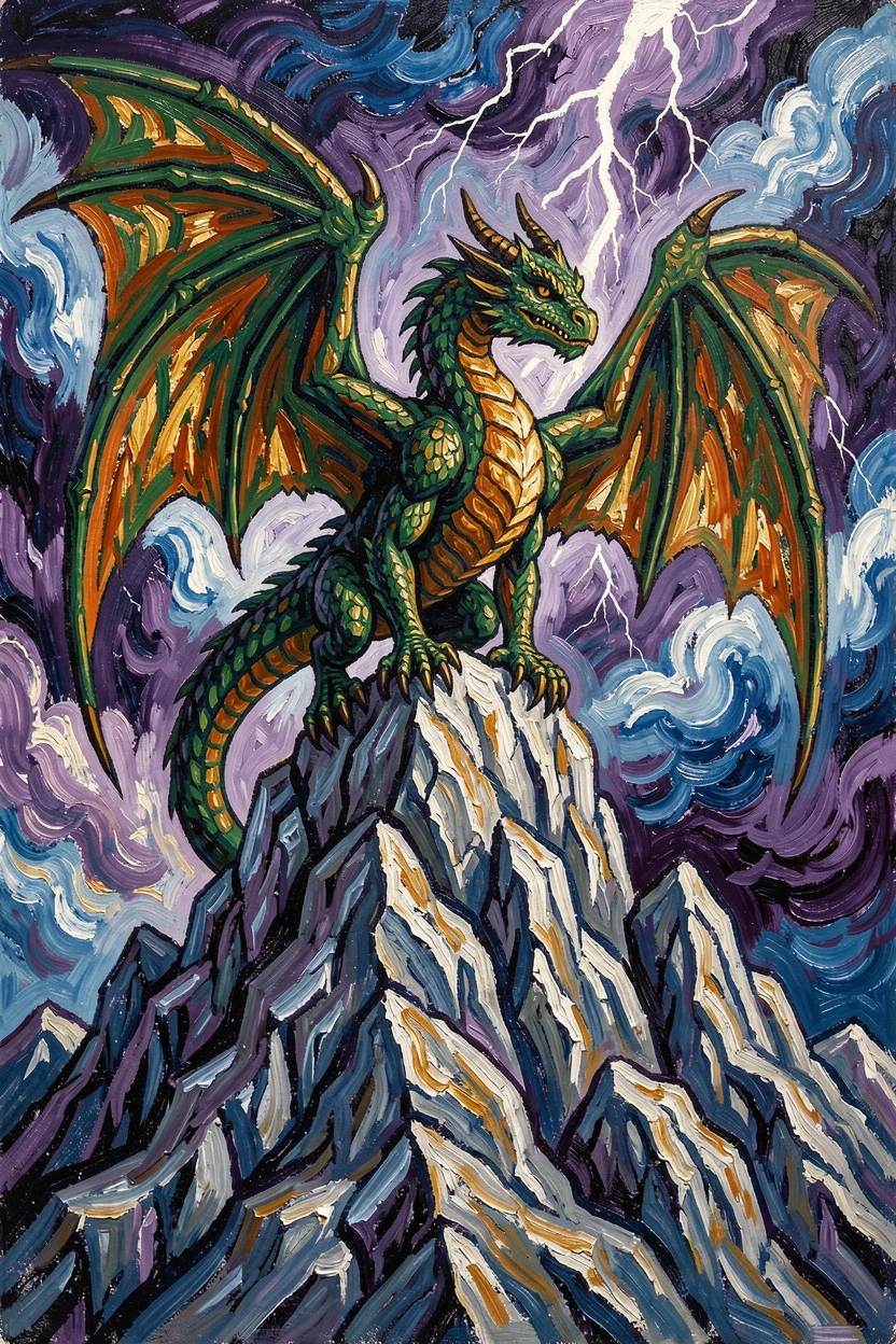 A dragon perched atop a mountain peak, wings spread against a stormy sky.