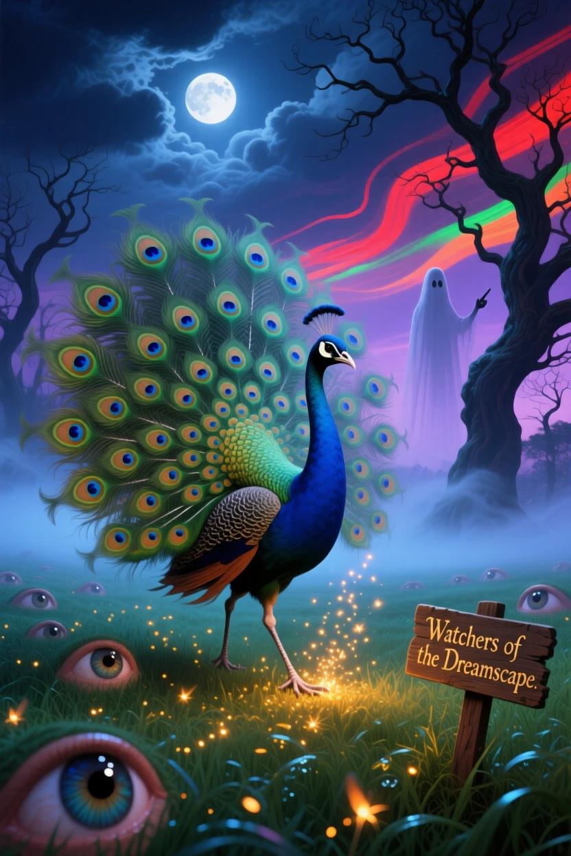 A peacock whose tail feathers open into a field of eyes moves silently through a fog-covered meadow, while tiny sparks of light trail behind its every step.