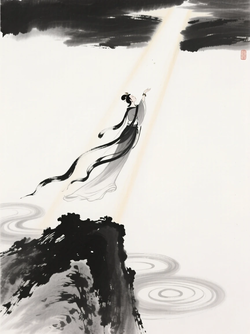 A celestial figure descends from the heavens on a beam of light, with mist swirling slowly around the mountain's base.