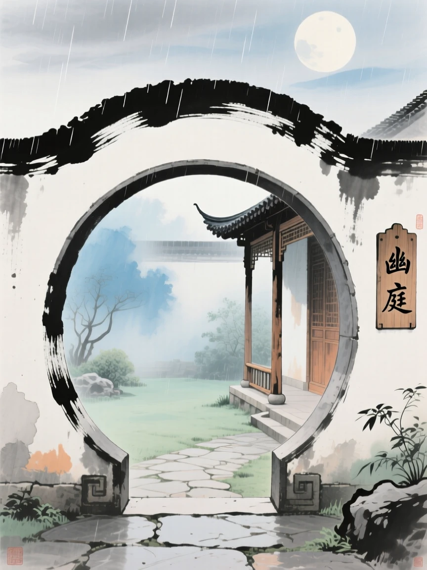 A moon gate opening onto a hidden garden courtyard, beneath a sky washed clean by rain, full of quiet reverence, as morning mist begins to lift.