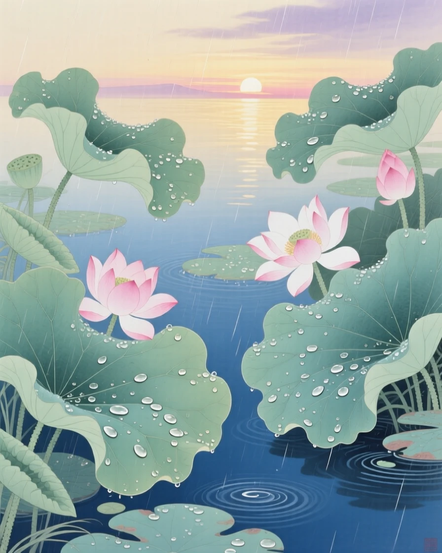 A summer rainstorm passing over a lotus pond, droplets on every leaf, with the first light of dawn touching the horizon