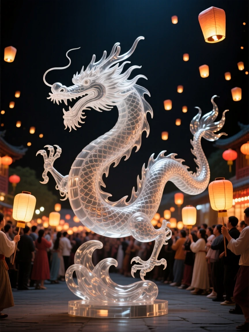 A dragon dance winding through a crowded street festival beneath a sky lit by hundreds of floating lanterns, while lanterns rise slowly into the night sky