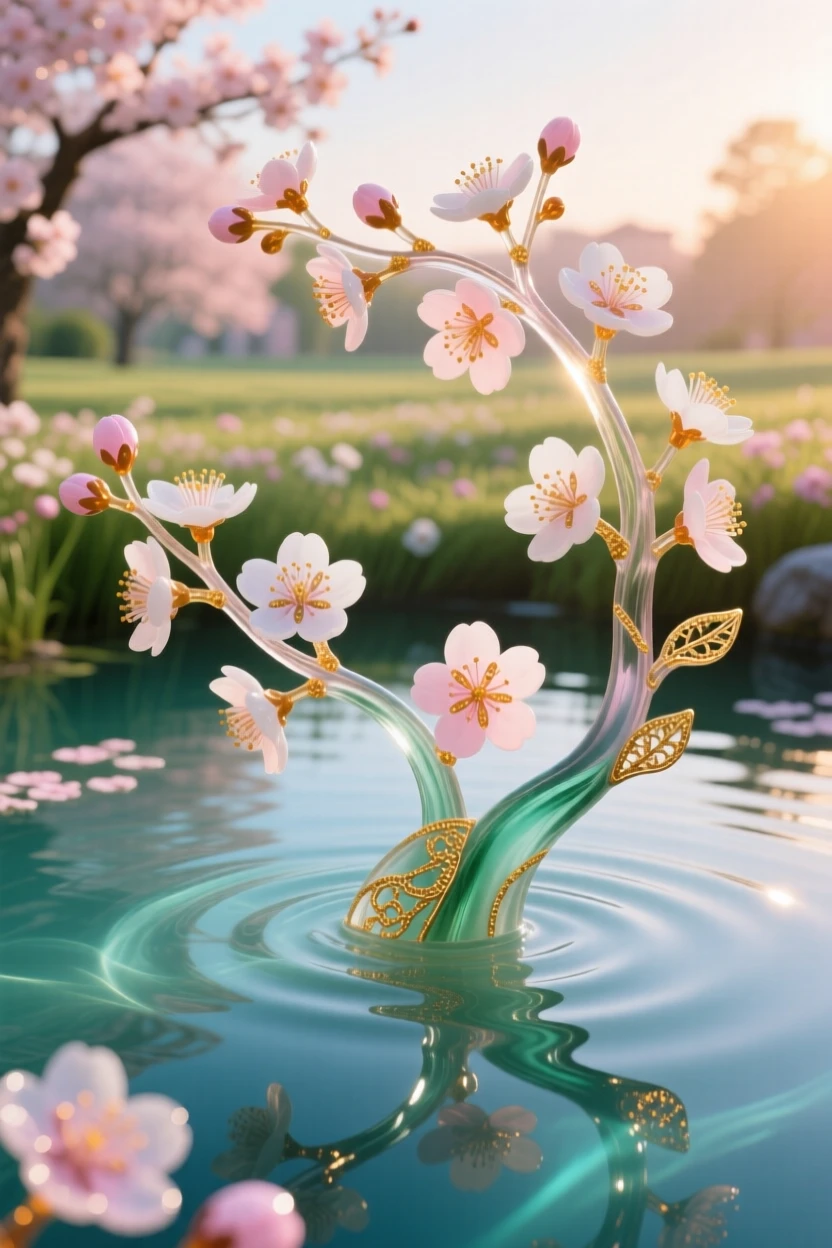 A field of blooming cherry blossoms drifting gently over a still garden pond at dawn, romantic and fleeting.