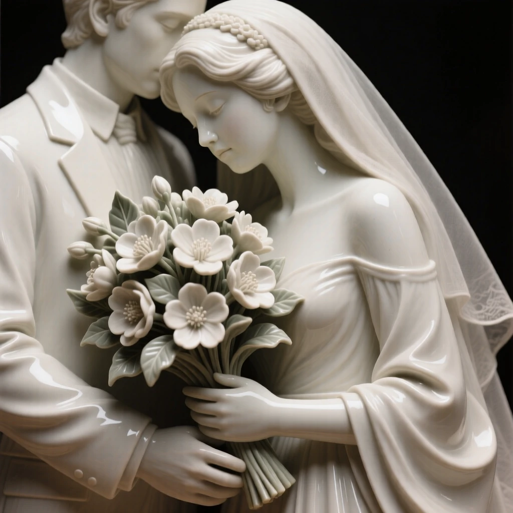 A bride cradling a bouquet of blossoms leaning gently toward a loved one, draped in flowing garments that ripple with movement, stirring nostalgia and heartfelt warmth.
