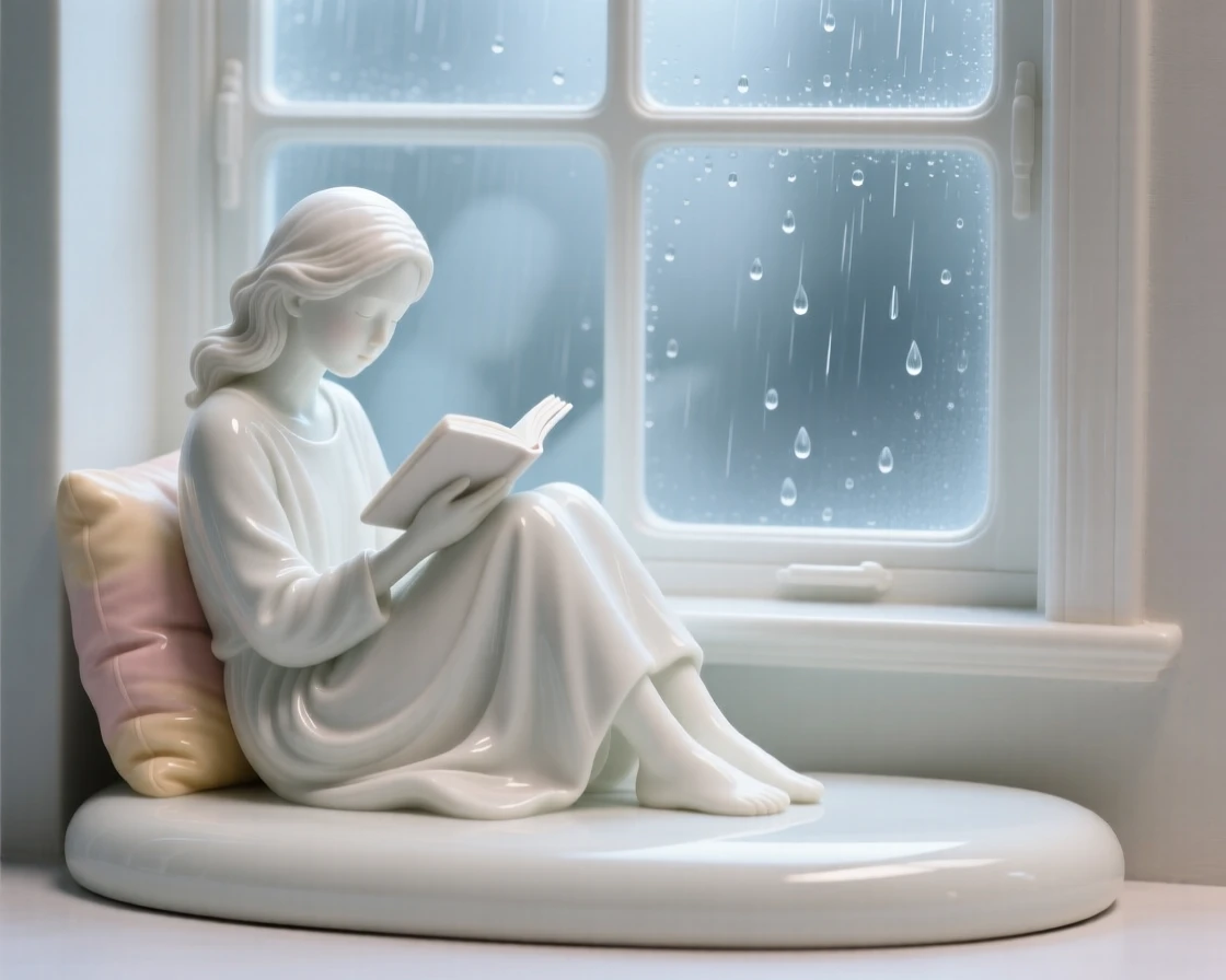 An everyday moment of quiet beauty: a reader curled up by a rainy window, quiet, warm, and full of gentle charm.