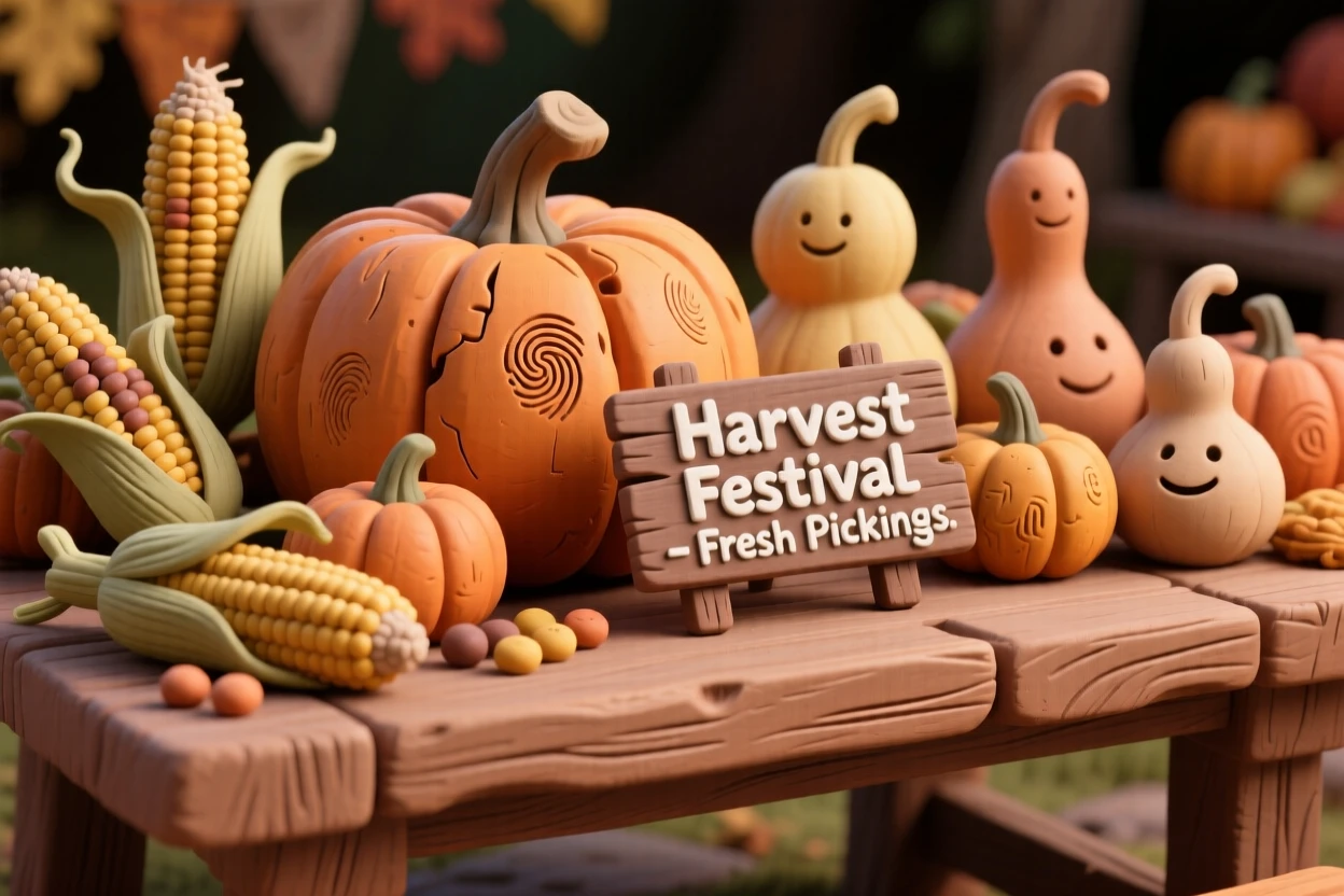 A harvest festival table laden with pumpkins, corn, and gourds