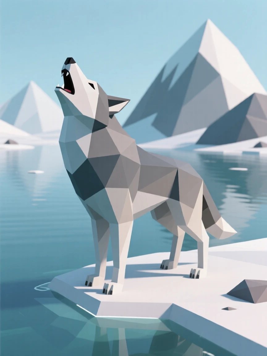 An arctic wolf howling into the night, beside a crystal-clear mountain lake. soft natural light highlights every texture. The mood is tender and intimate.