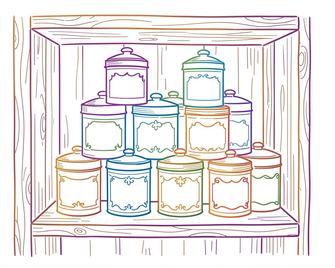 A display of antique tea tins stacked in a country kitchen pantry.