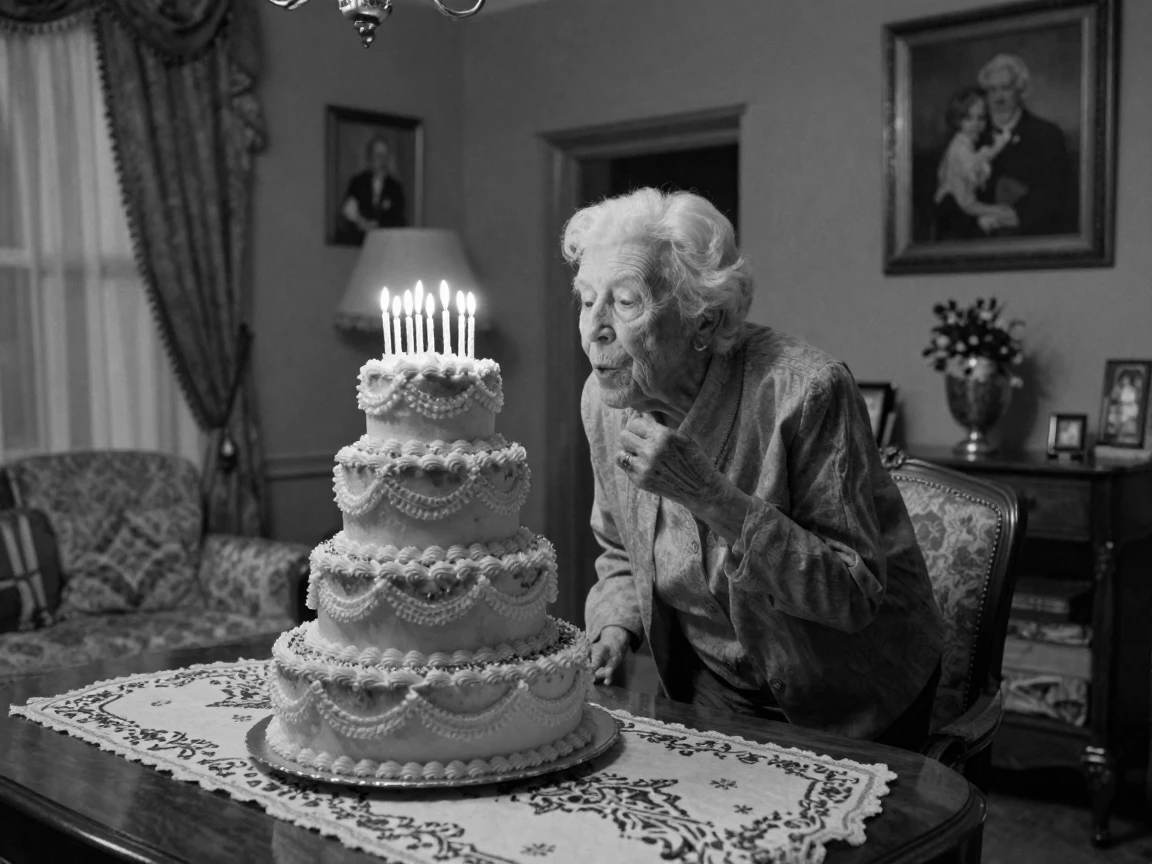 A frail centenarian blows out candles on a towering cake in a decorated living room.