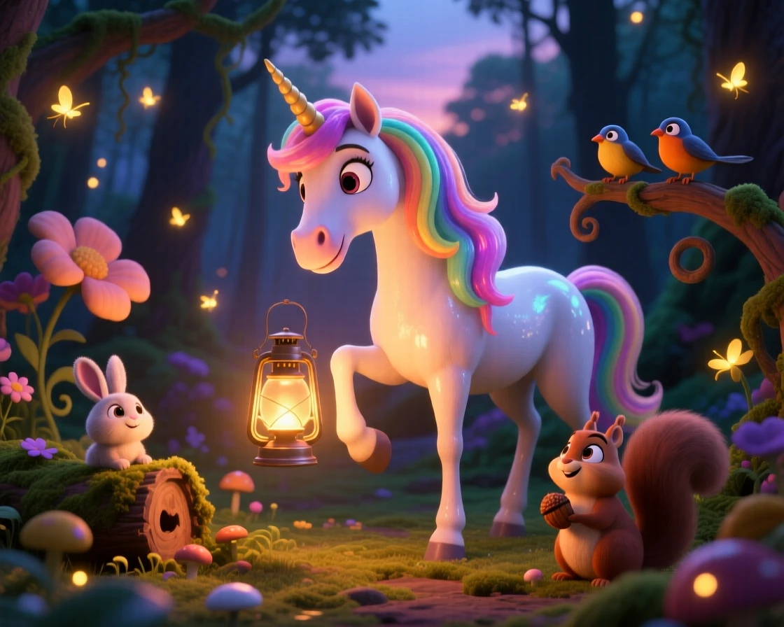 A unicorn with a flowing mane stands in an enchanted forest glowing with fireflies, lighting a lantern that hovers in the air. The mood is enchanting, hopeful, and dreamlike, with small creatures peeking out curiously nearby.