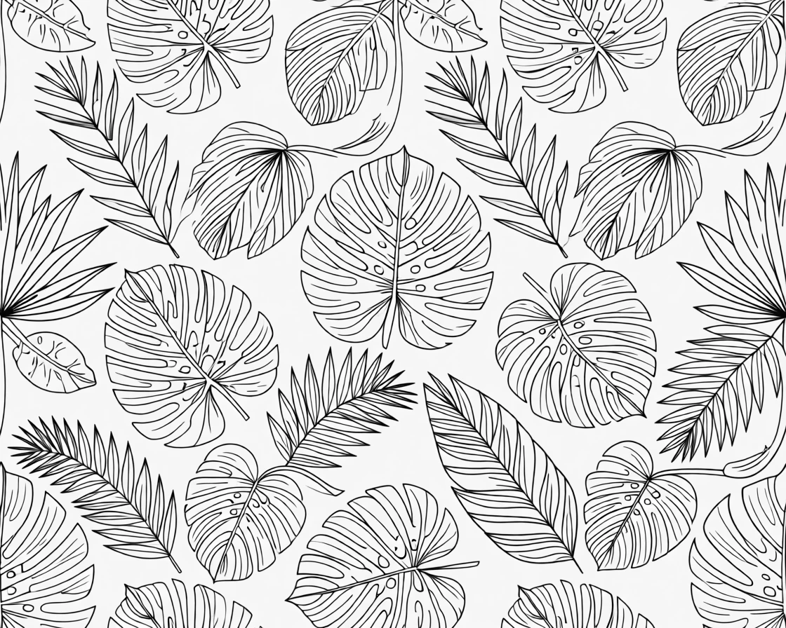 A repeating pattern of tropical leaves and monstera fronds