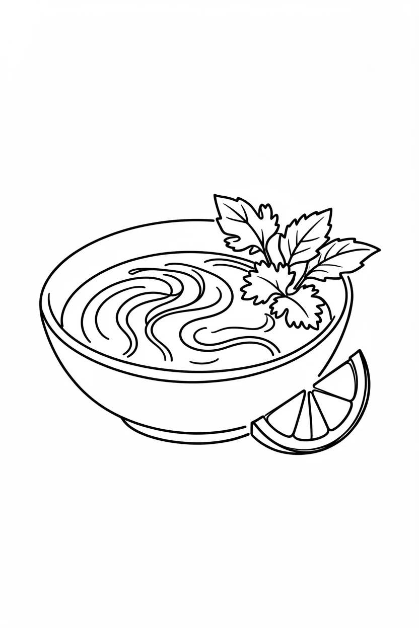 A bowl of pho with fresh herbs and lime arranged on the side