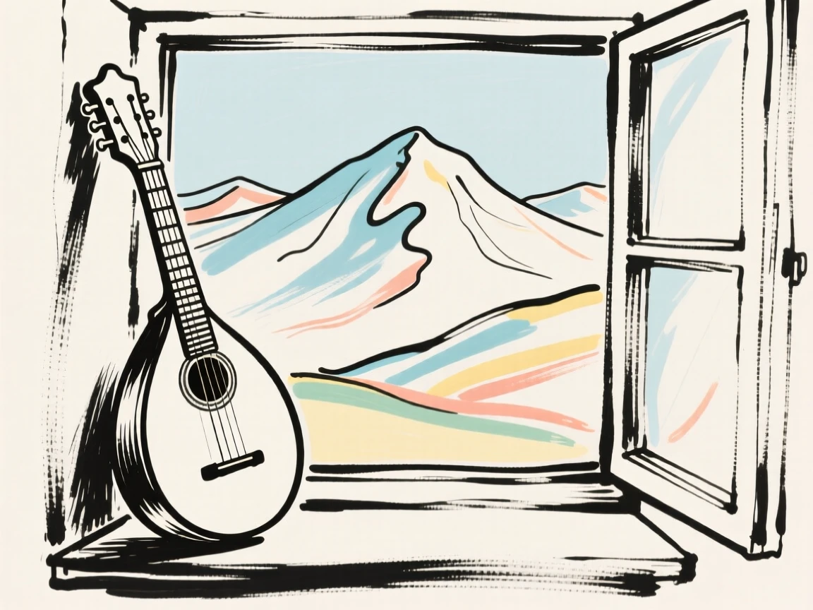 A mandolin resting beside an open window with a mountain view.