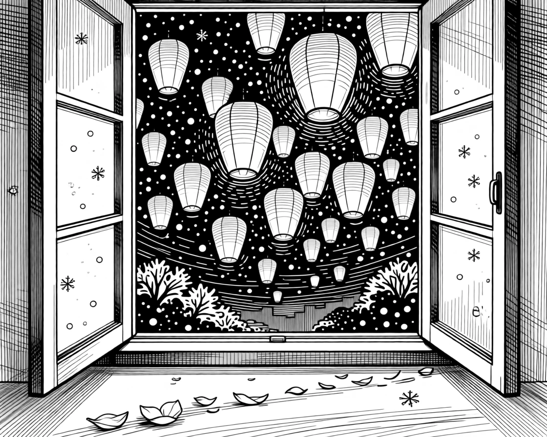 A lantern festival lighting up a night sky as snow gently falls outside the window, with a trail of fallen petals scattered on the ground, capturing a joyfully nostalgic seasonal moment.