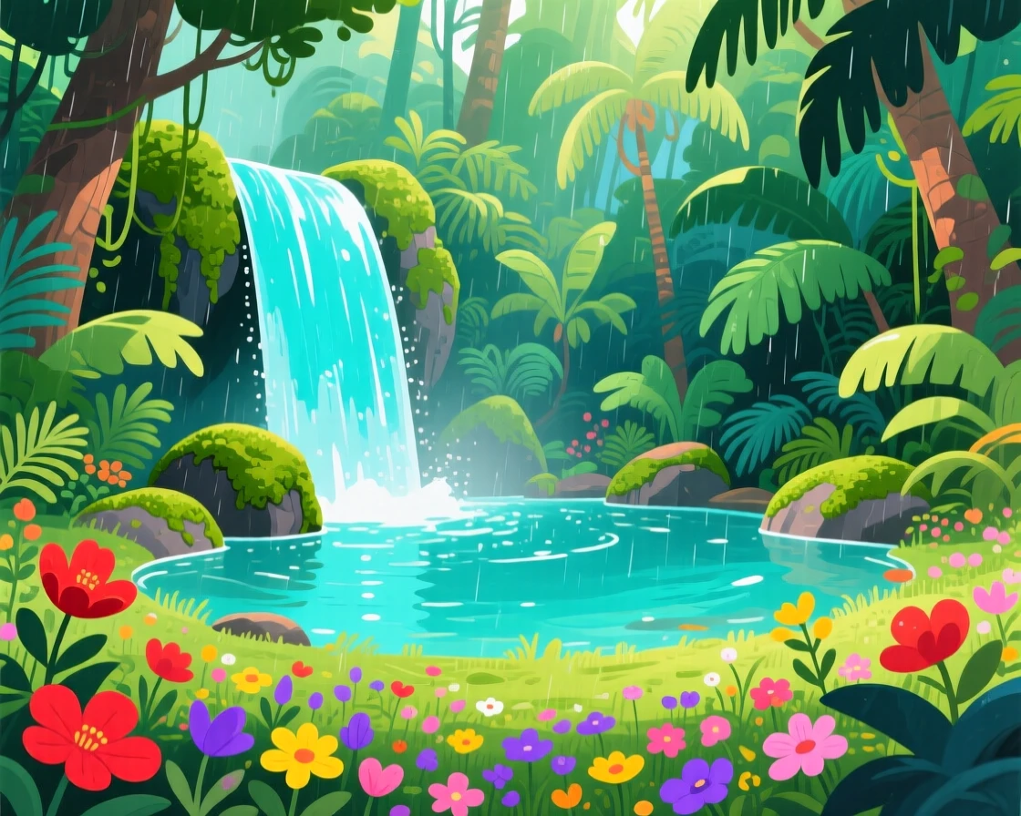 A turquoise waterfall cascading into a rainforest pool, with wildflowers scattered across the foreground, inspiring a sense of calm and wonder.