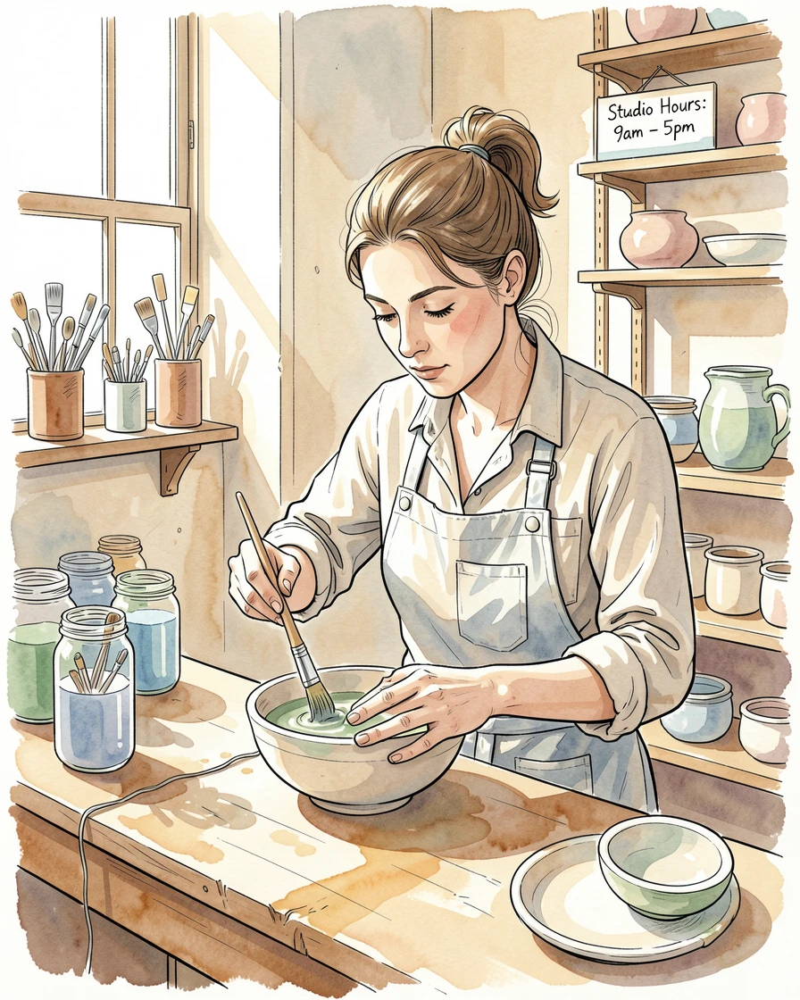 A ceramicist glazing a finished bowl in a sunlit studio, a quiet sense of skill and patience throughout the scene.