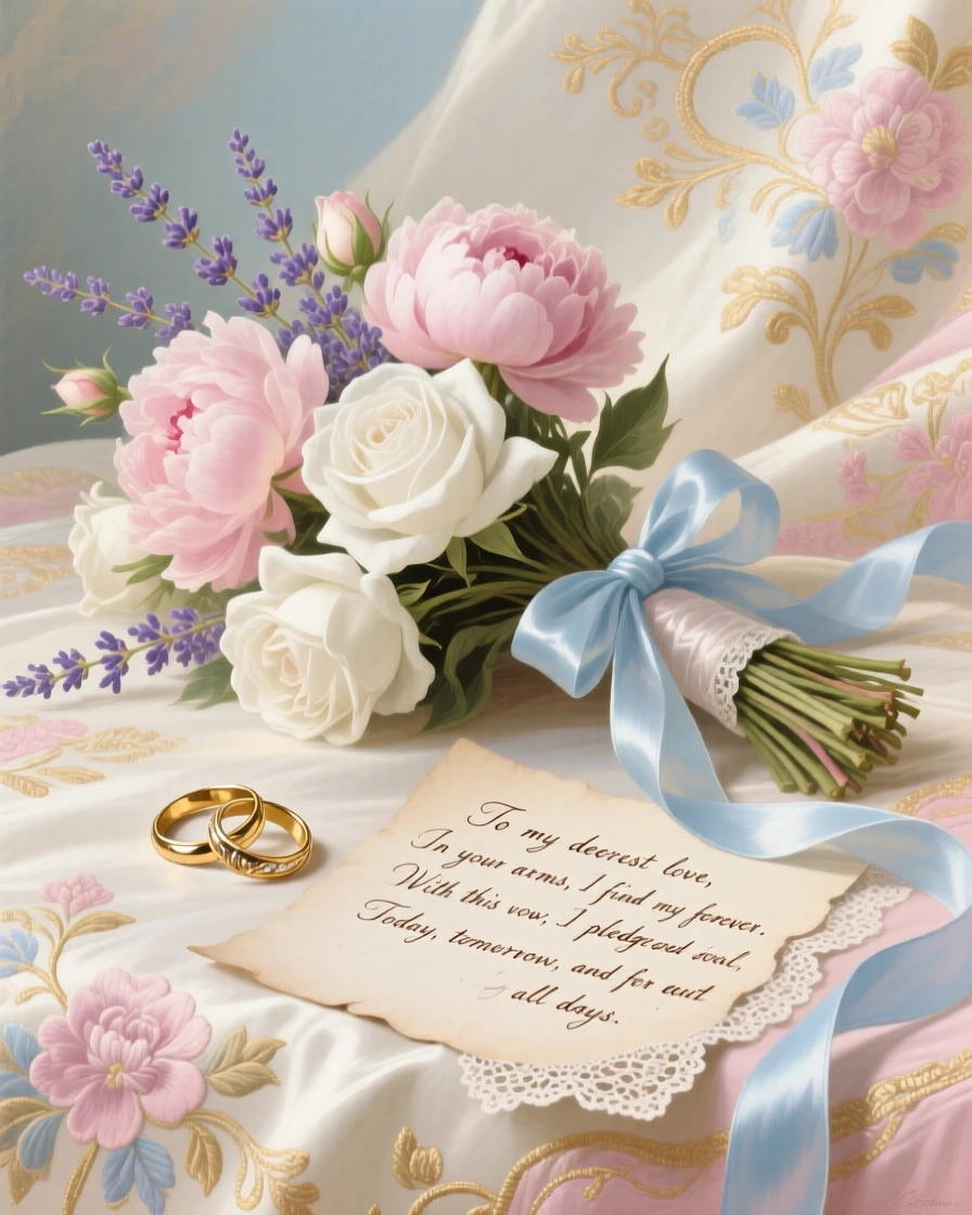A bridal bouquet, wedding rings, and a handwritten vow on embroidered fabric  