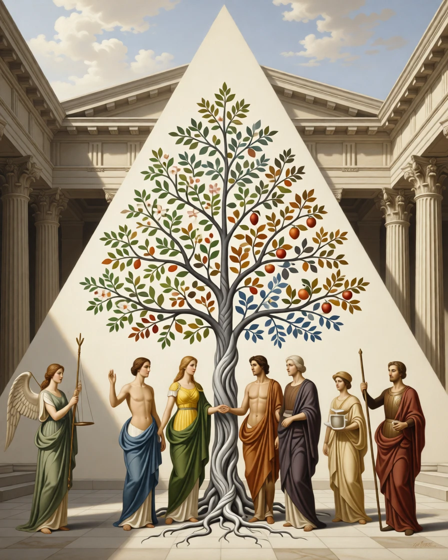 The allegory of the four seasons gathered around a central tree of life in a gesture that speaks to all of humanity, set within a classical temple open to the heavens, with allegorical attendants representing virtues gathered nearby; a triangular arrangement lends the scene classical stability and gravity, radiating timeless wisdom and moral clarity.