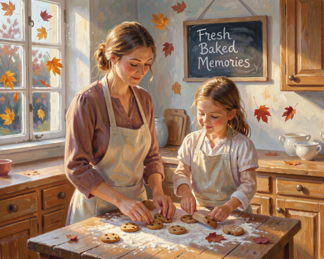 A quiet evening of a mother and daughter baking cookies together, flour dusting the counter and their aprons, as autumn leaves begin to fall, radiating joy and gentle celebration.