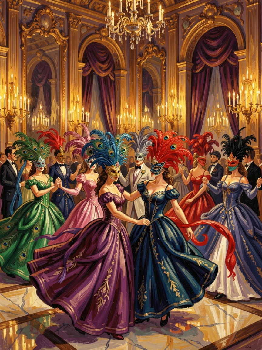 A grand masquerade ball in a candlelit hall, guests dancing behind ornate feathered masks.