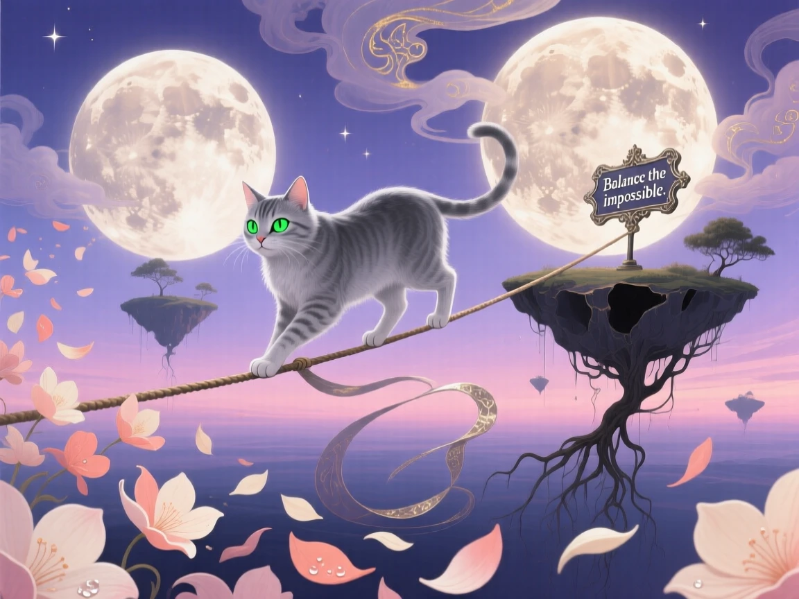 A cat balancing gracefully along a tightrope strung between two moons drifts silently beneath a sky painted in soft twilight colors, while soft petals drift down from an unseen sky above.