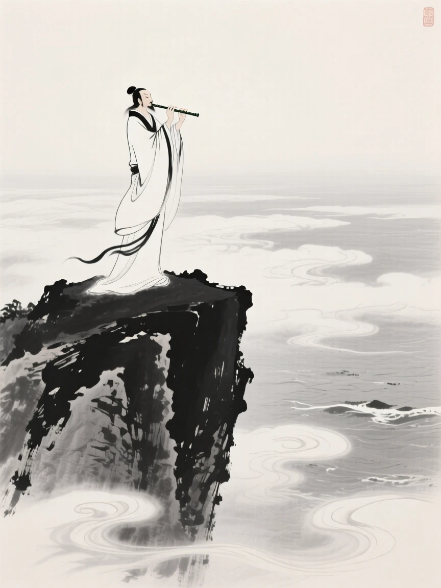 An immortal plays a flute atop a cliff overlooking the clouds below, with mist swirling slowly around the mountain's base.
