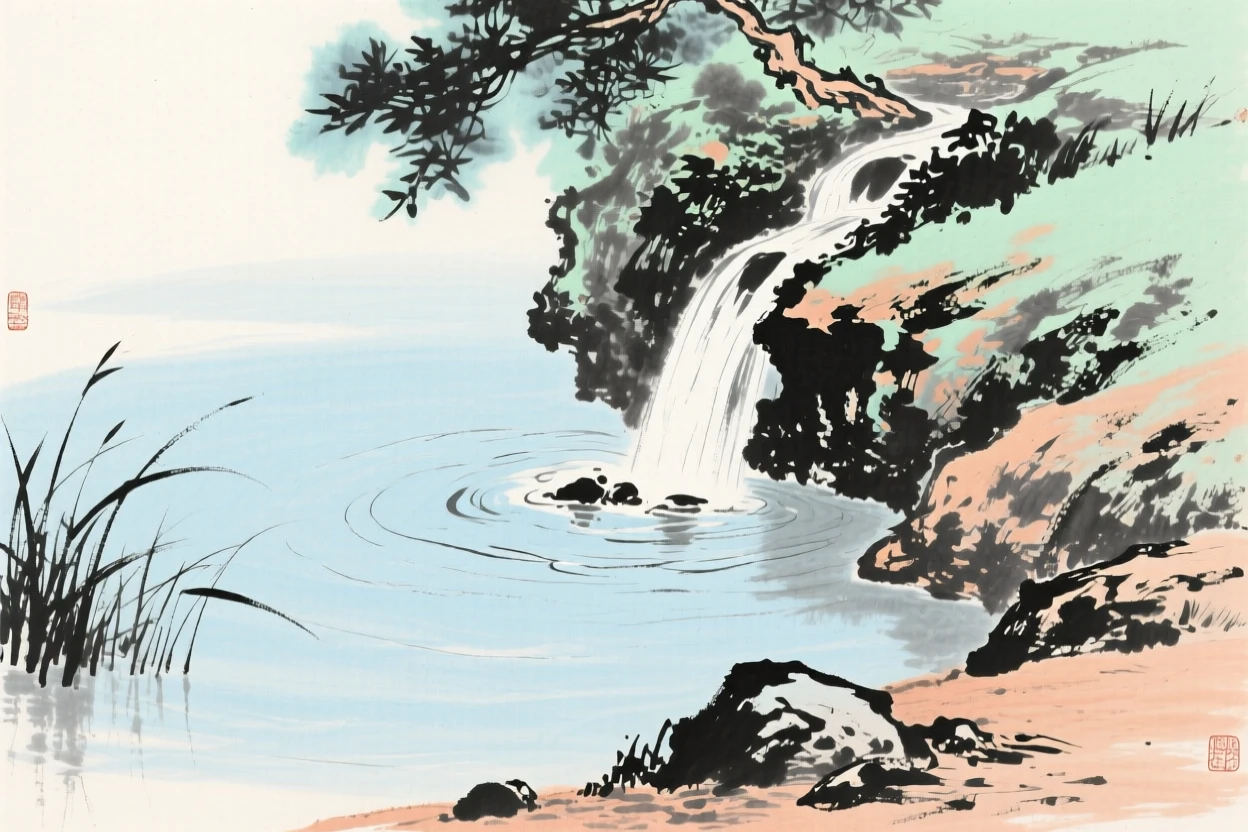 A tranquil pond fed by a trickling mountain spring, evoking a sense of quiet solitude.