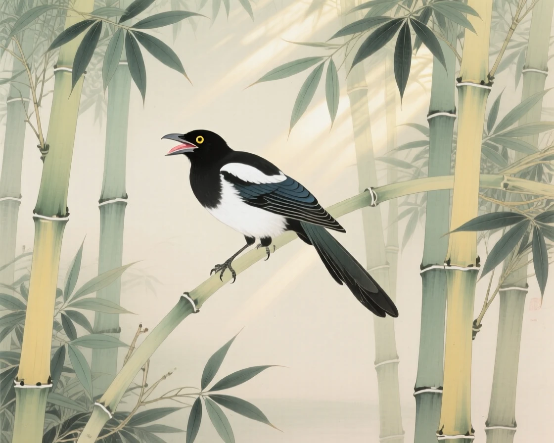 A magpie calling out from a bamboo grove, soft morning light filtering through the branches
