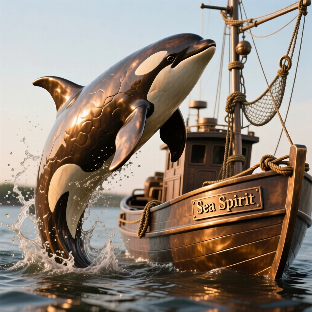 An orca breaching beside a fishing boat, with fine, lifelike detail in fur and feather, evoking wonder and majesty