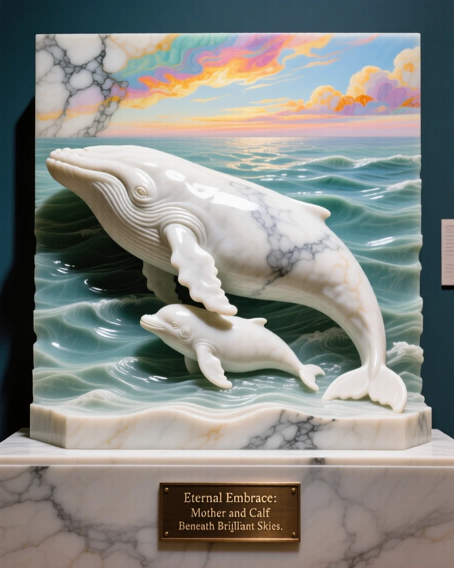 An evocative depiction of a mother whale swimming beside her calf, under a brilliant, colorful sky, balancing detail with emotional depth