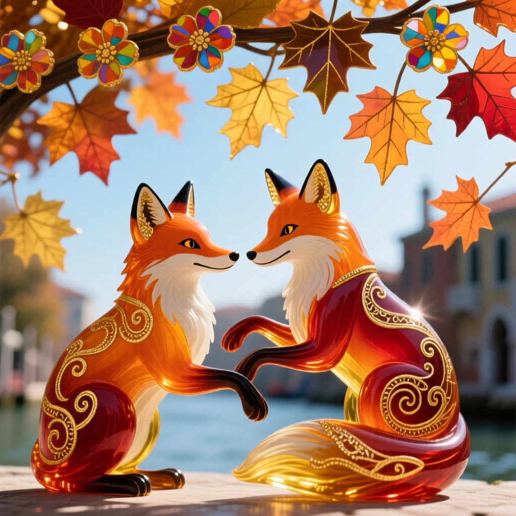 A pair of foxes playing together beneath a canopy of falling autumn leaves at midday, playful and warm.