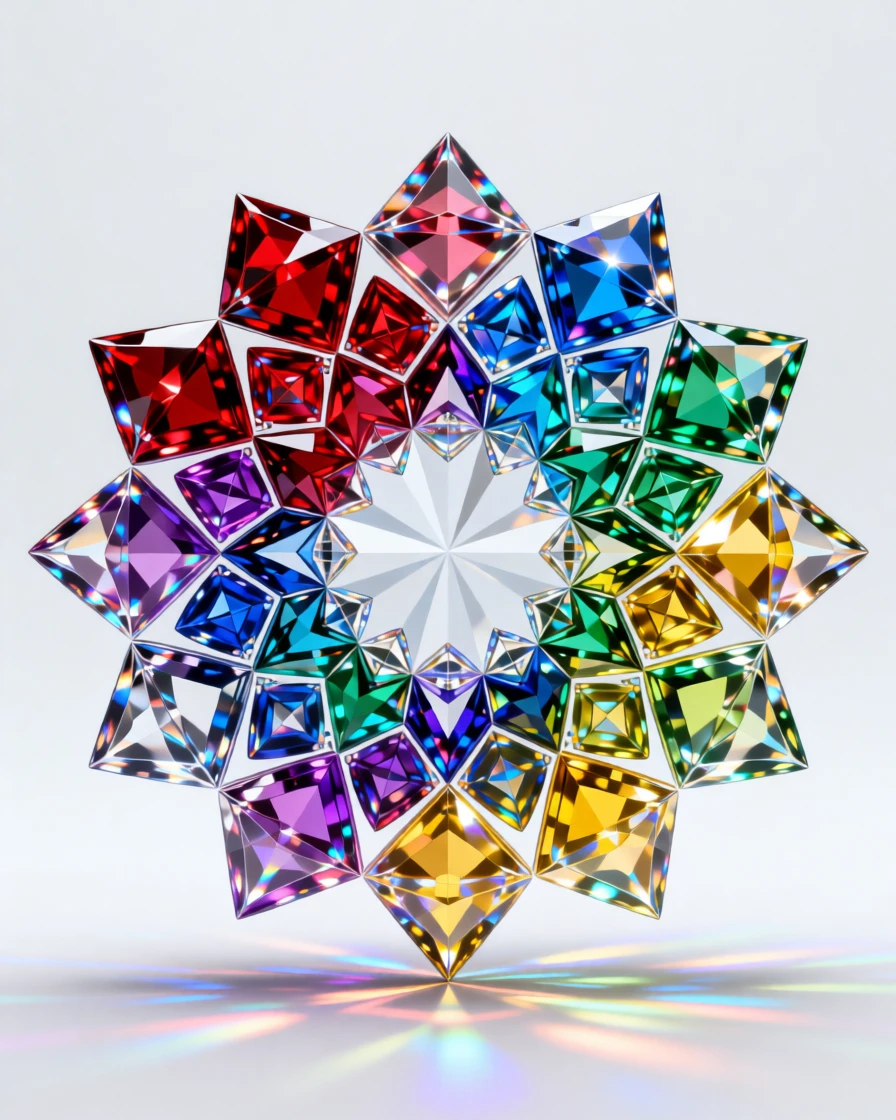 An abstract mandala pattern rendered in vivid jewel-toned geometric shapes.