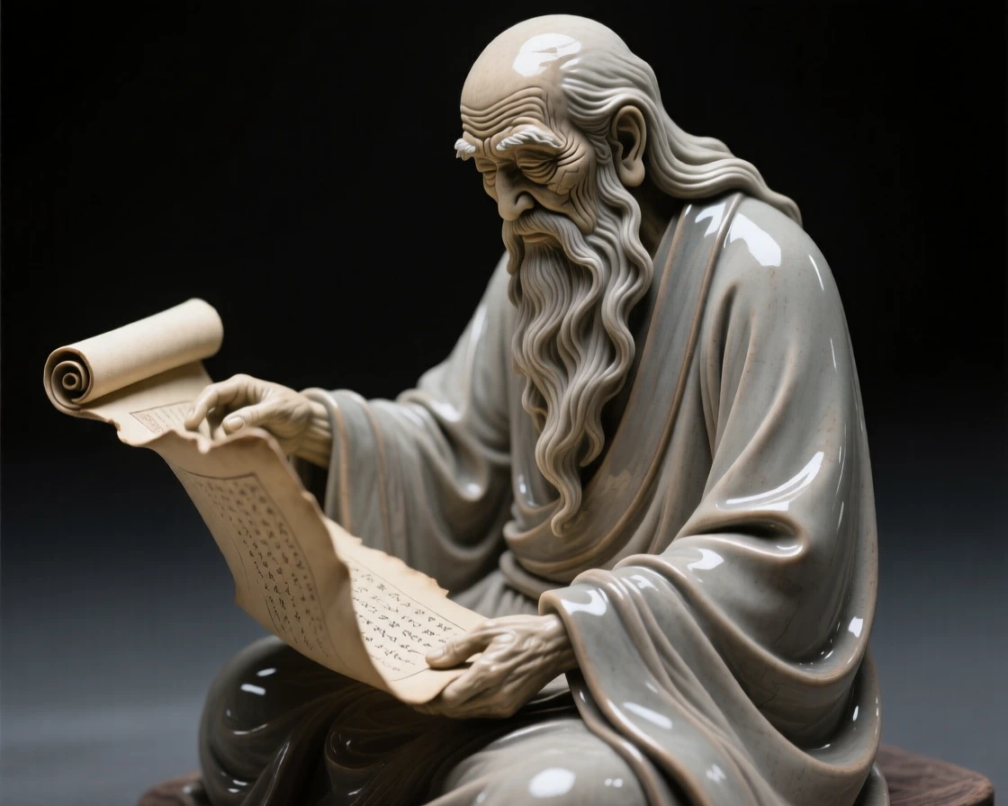 An ancient sage reading from a scroll frozen in a moment of ancient ritual, with weathered features telling silent stories, stirring a sense of timeless heritage.