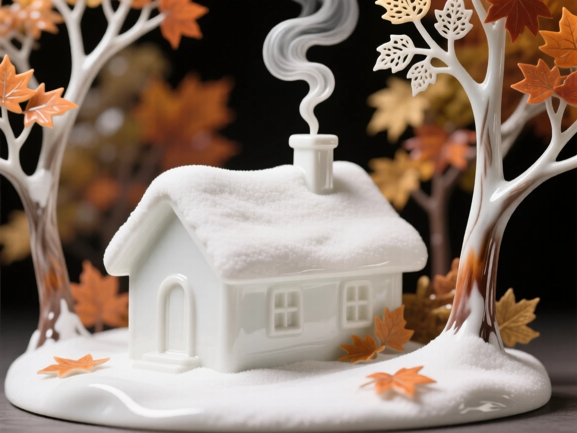 A cozy autumn moment: a snow-covered cabin with smoke curling from the chimney, framed by the colors of the season.