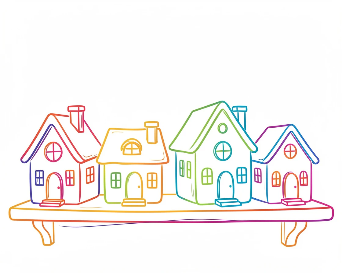 A collection of hand-painted miniature houses arranged on a shelf.