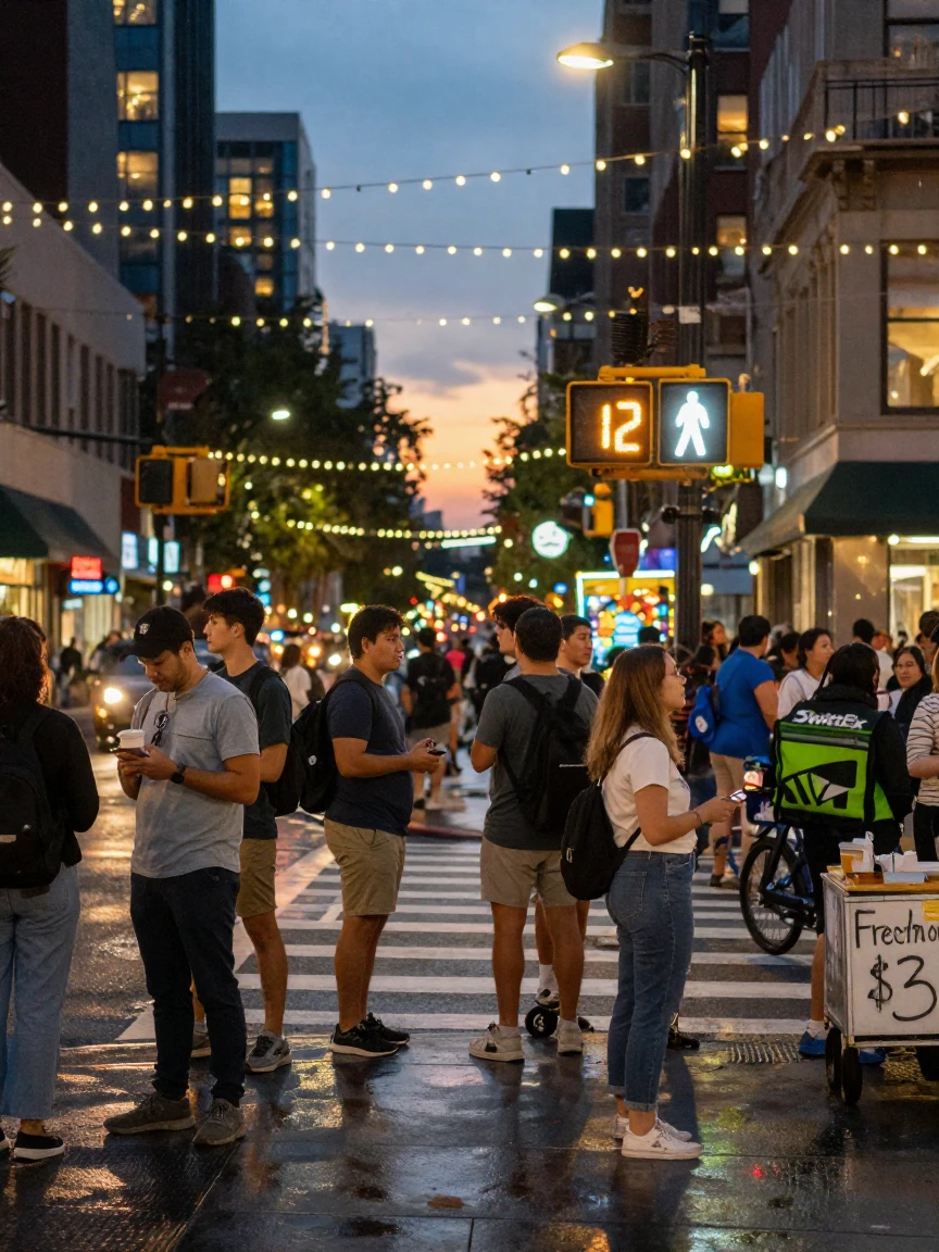A crowd waits at a crosswalk beneath a canopy of city lights at dusk.