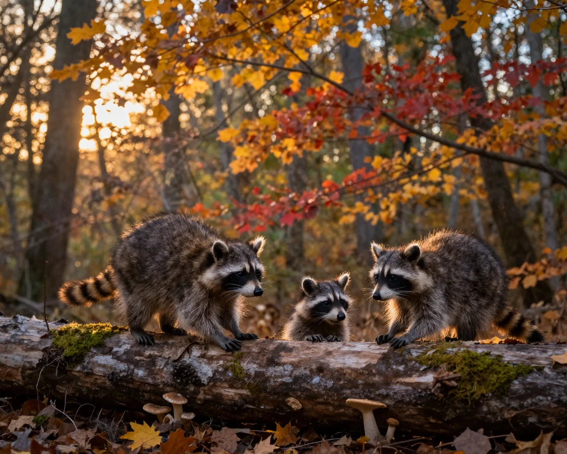 A family of raccoons exploring a fallen log with curiosity beneath a canopy of autumn leaves as the day slowly fades