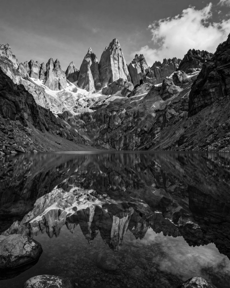 A crystal-clear lake reflects the surrounding peaks perfectly beneath a mountain range.