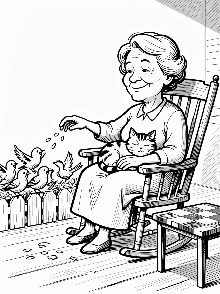 A grandmother rocking gently on a porch with a cat in her lap, scattering breadcrumbs to an eager, cooing crowd, set over a low garden fence. A worn checkerboard shows decades of use. There's a gentle, timeless warmth to the whole moment.