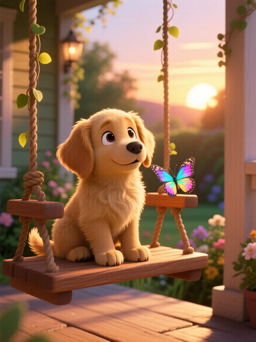 A fluffy golden retriever puppy is sitting on a porch swing at sunset, tilting its head curiously. Innocent curiosity shines through the moment, with a small butterfly resting nearby.