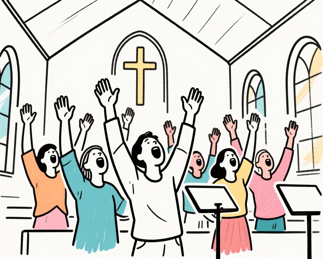 A gospel choir singing joyfully with hands raised inside a church.