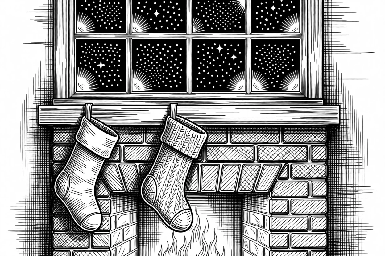 A cozy stocking hung by a fireplace beneath a sky full of summer stars, with warm light spilling from every window, capturing a gently sentimental seasonal moment.