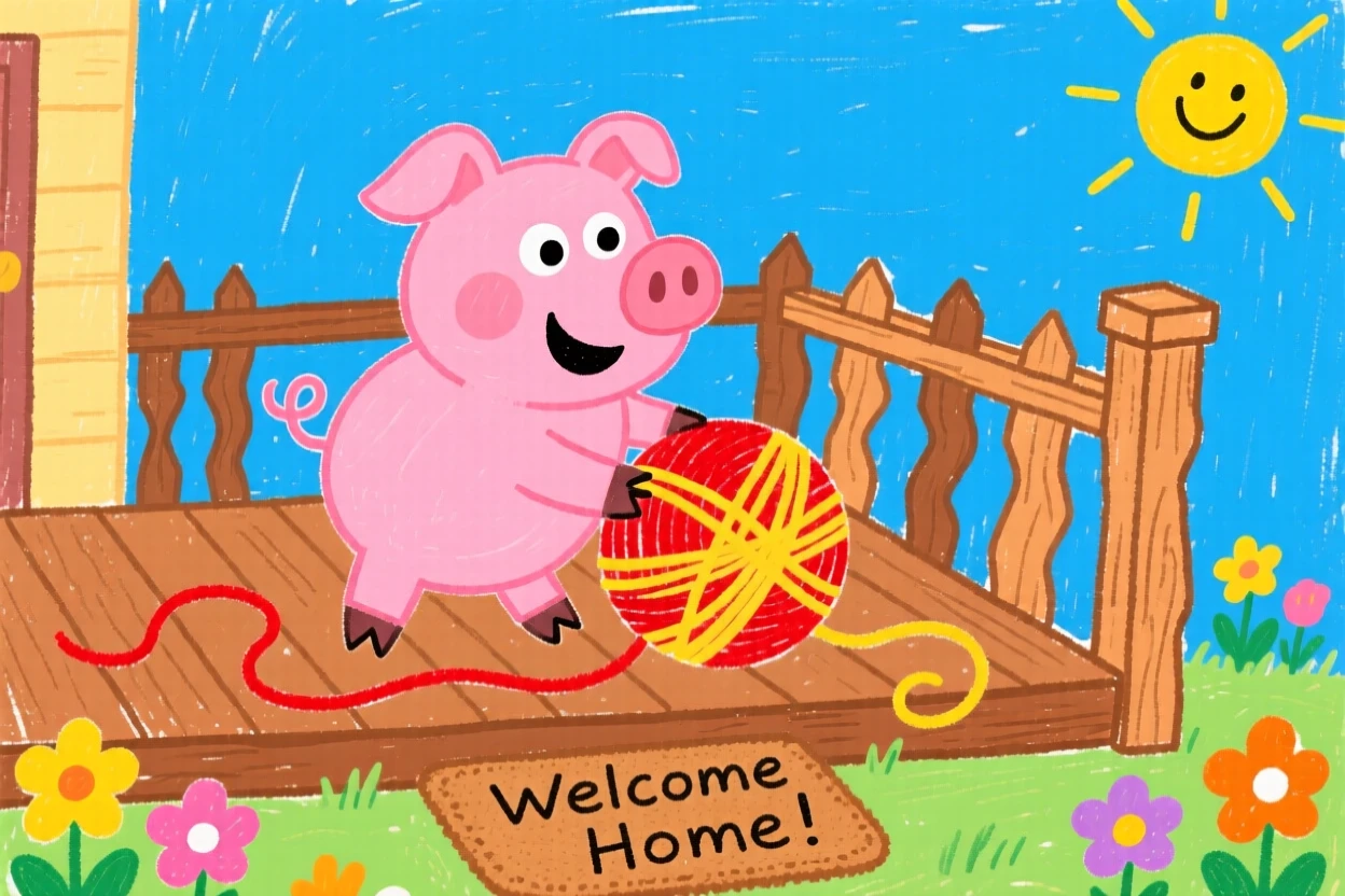 A piglet playing with a ball of yarn on a porch.